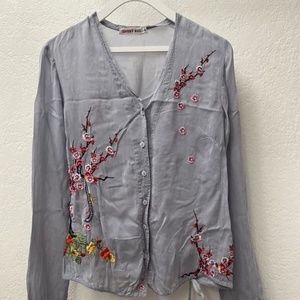Johnny Was Light Blue embroidery women V-neck top blouse tunic SizeS